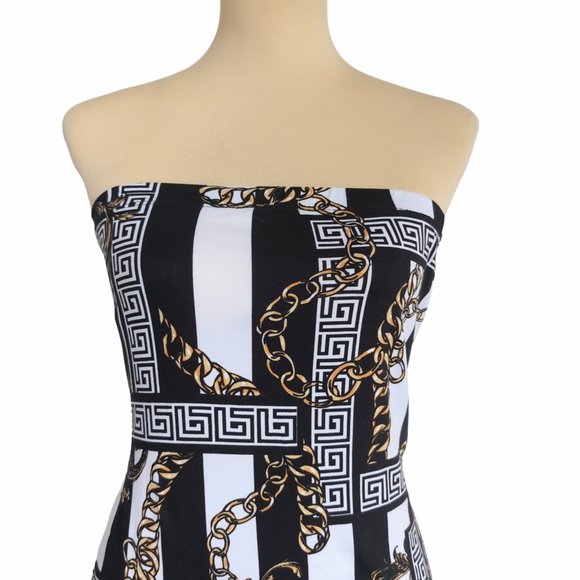 Stretchy Strapless Maxi Dress Navy & Gold Greek Key Pattern Medium - Picture 3 of 8